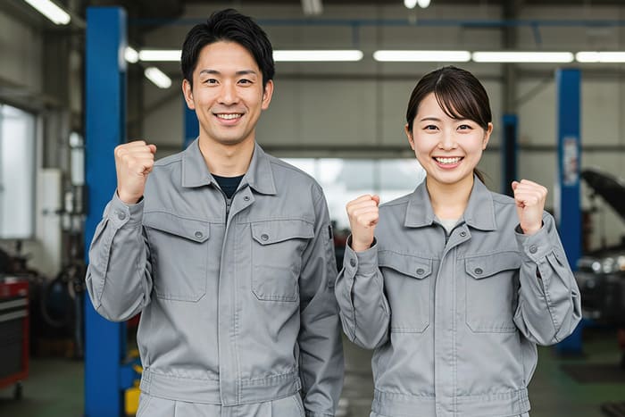 ガッツポーズをする作業員